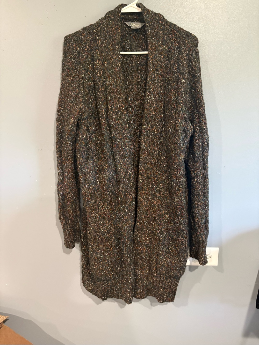 Natural Reflections Women XL Long Cardigan Sweater Brown Tweed Chunky Knit